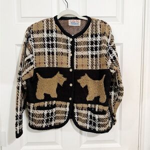 Vintage Tally Ho Cardigan Sweater Women's Large Scotty Dogs tan & black sz large